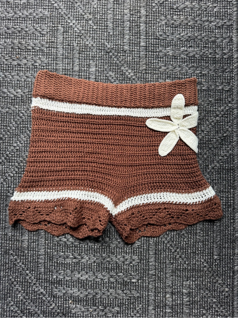 SHEIN Brown Crochet High-Waist Shorts with Cream Flower